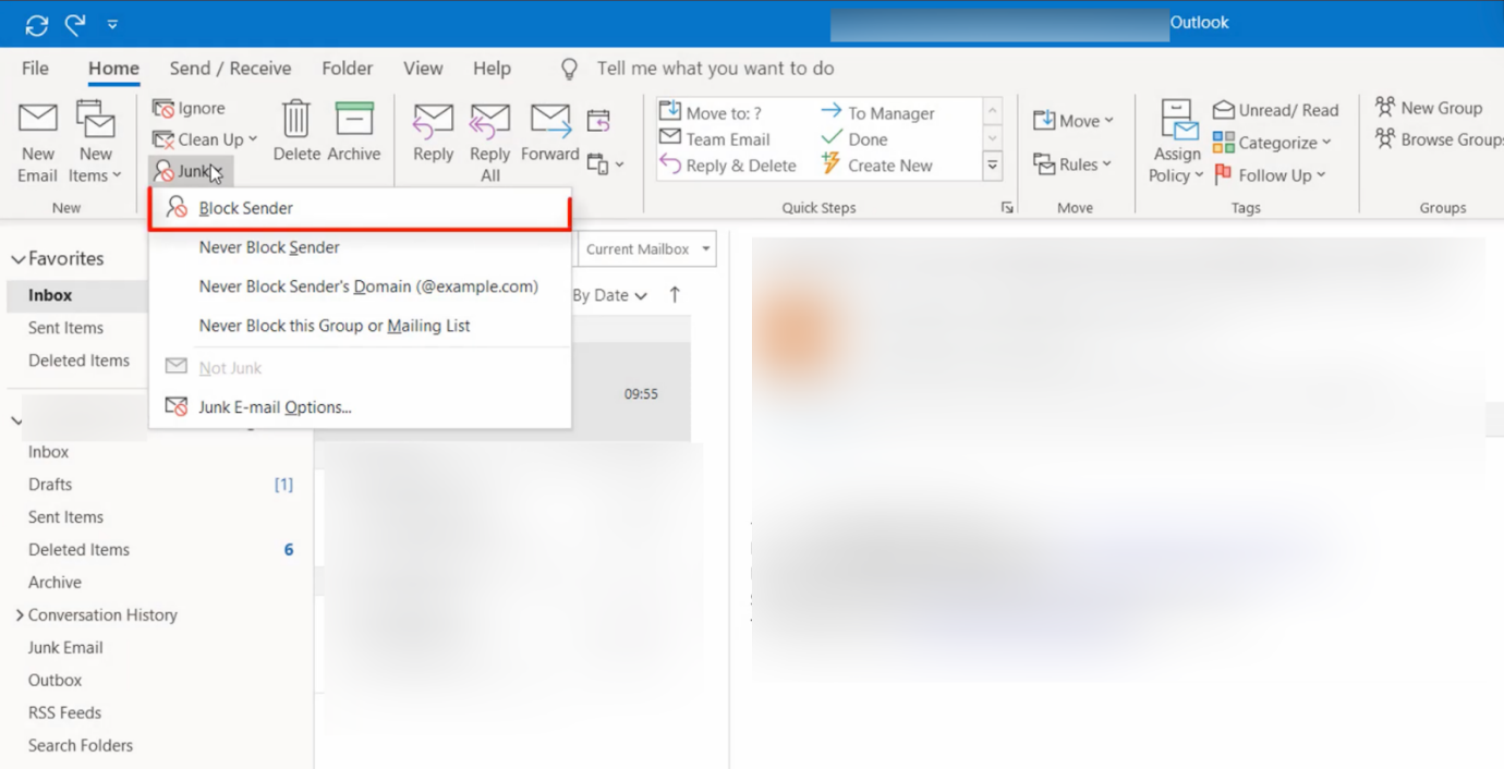 Select Junk and choose the Block Sender option in the Outlook app