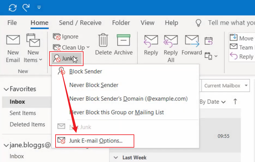 Click Junk and select the Junk E-mail Options option in the Outlook app