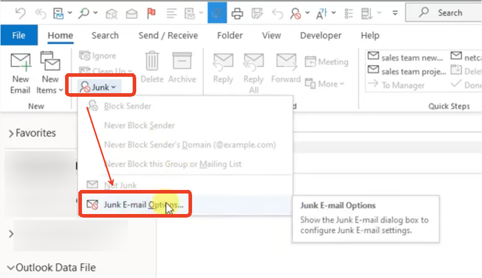 Click Junk and Select Junk E-mail Options in Outlook