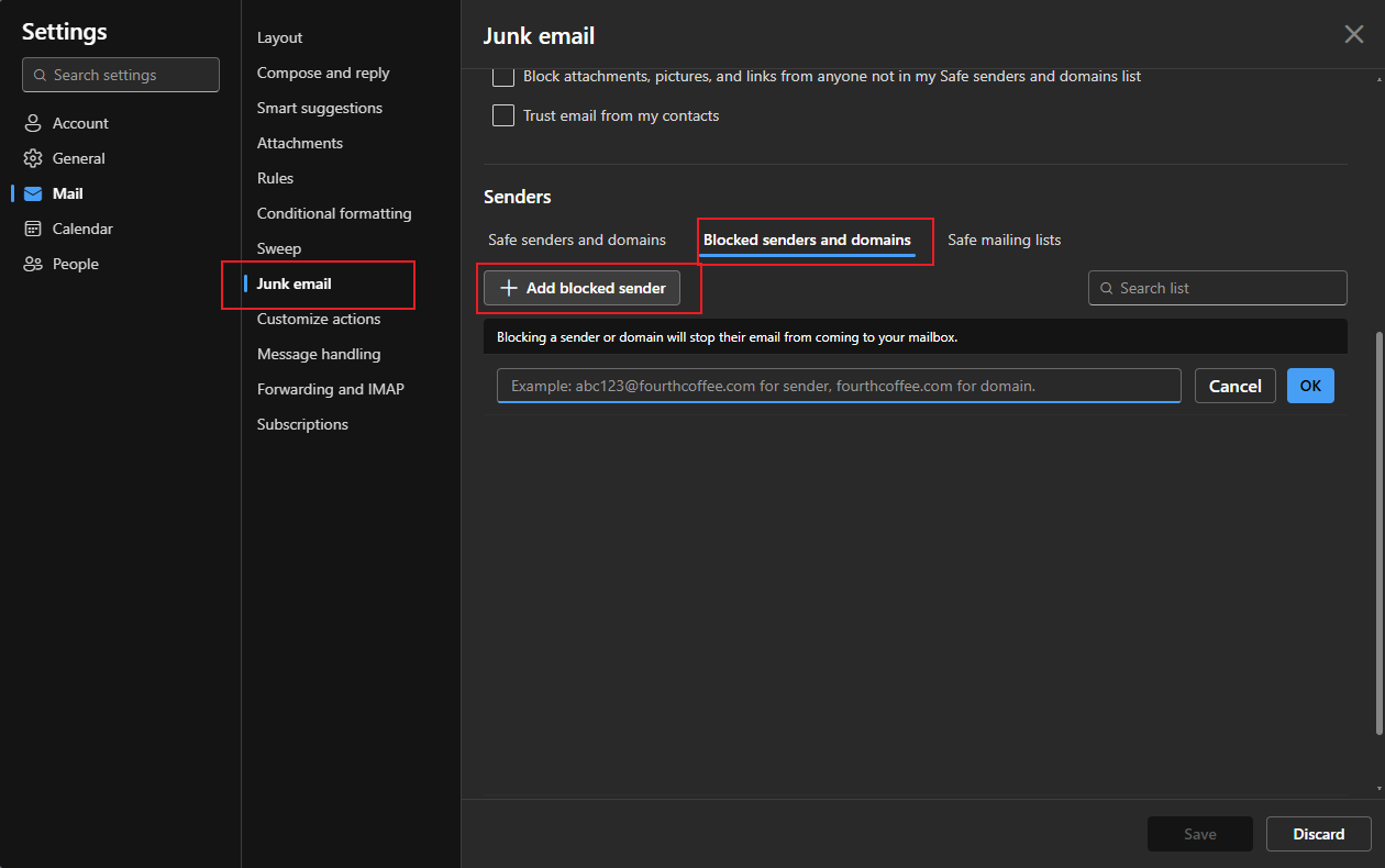 Click the Add blocked sender button to add the target domain in Outlook Web