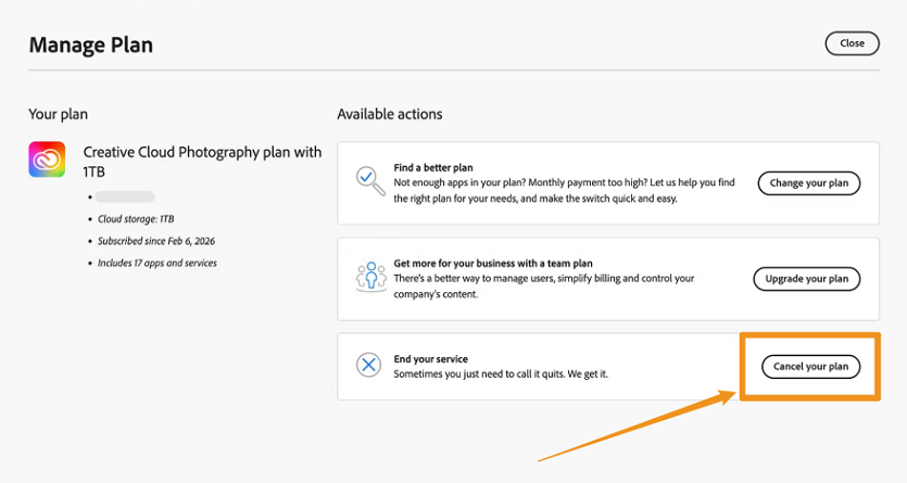 Select the target Adobe subscription and click Cancel your plan