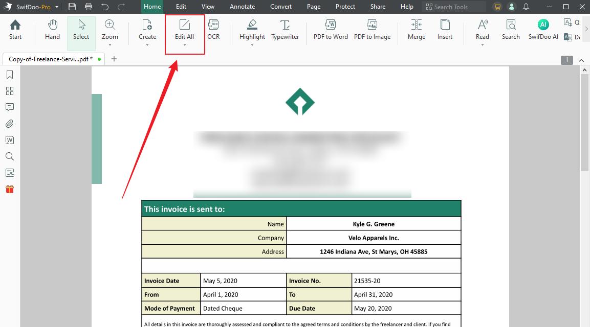 Click the Edit All option under the Home tab of SwifDoo PDF