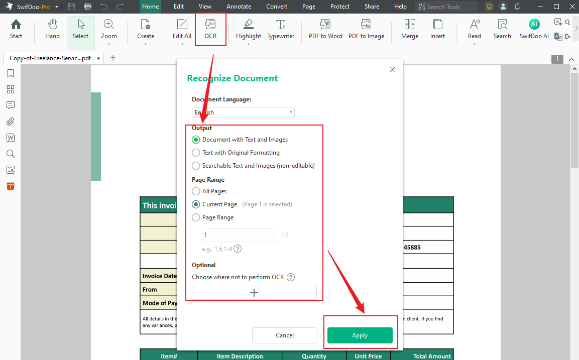 Click the OCR option to recognize text in the scanned PDF using SwifDoo PDF