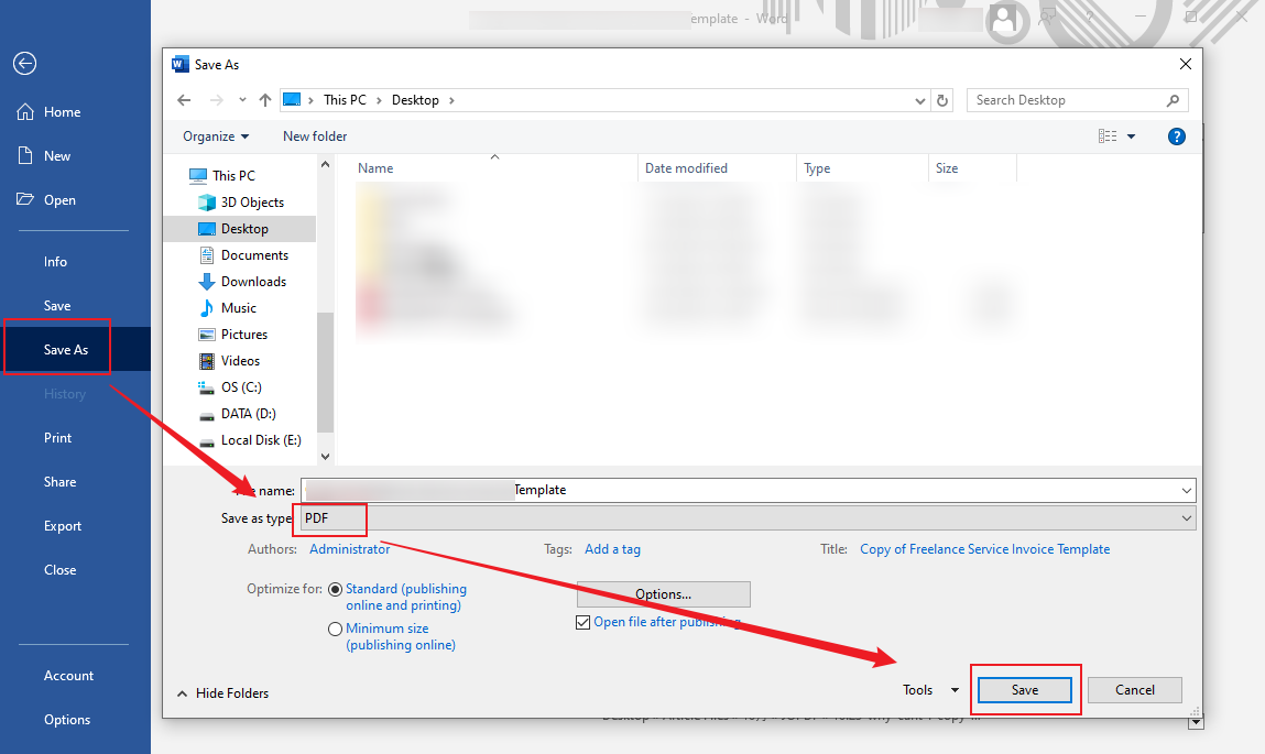 Click the Save As option and select PDF as the export format in Microsoft Word
