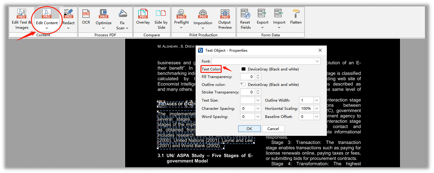 How to change the color of the text object in Qoppa PDF Studio