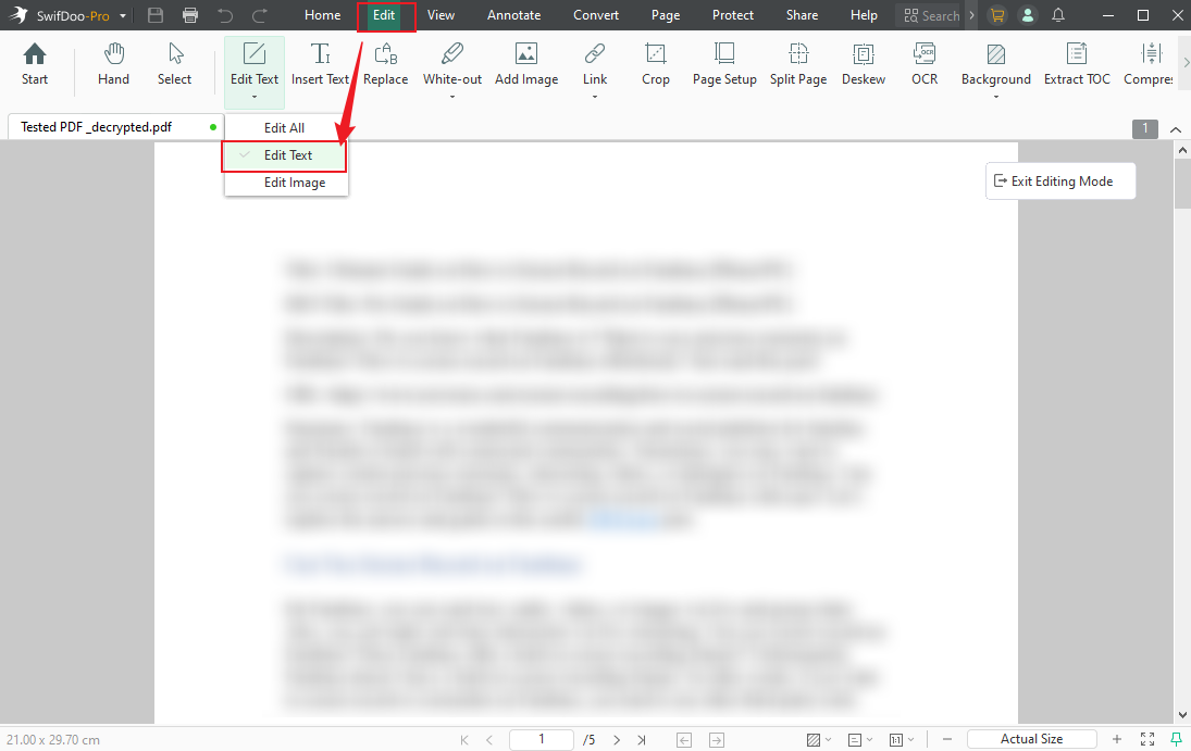 Click the Edit tab and select the Edit Text option in SwifDoo PDF
