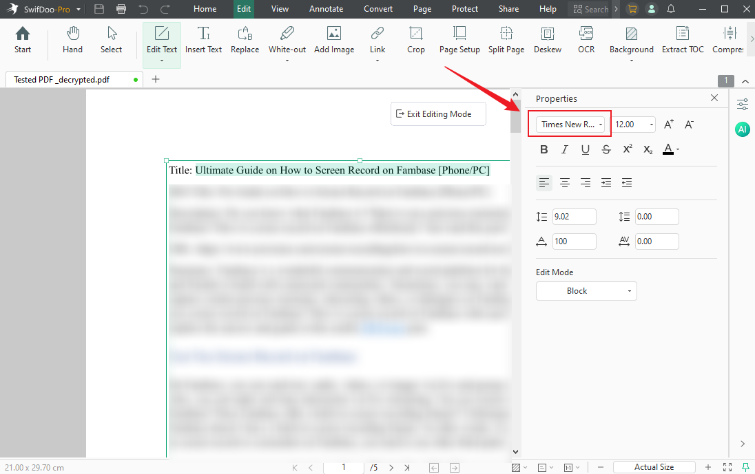 Right-click the selected text and select the Properties option to customize the text properties in SwifDoo PDF