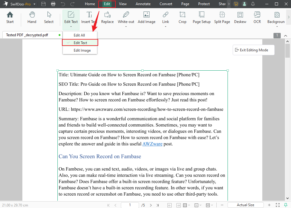 Click the Edit Text option under the Edit tab of SwifDoo PDF