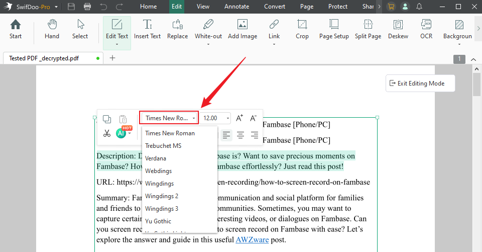 Change the text font in SwifDoo PDF