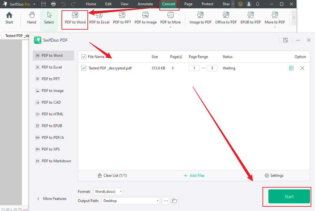 Select the PDF to Word option in SwifDoo PDF