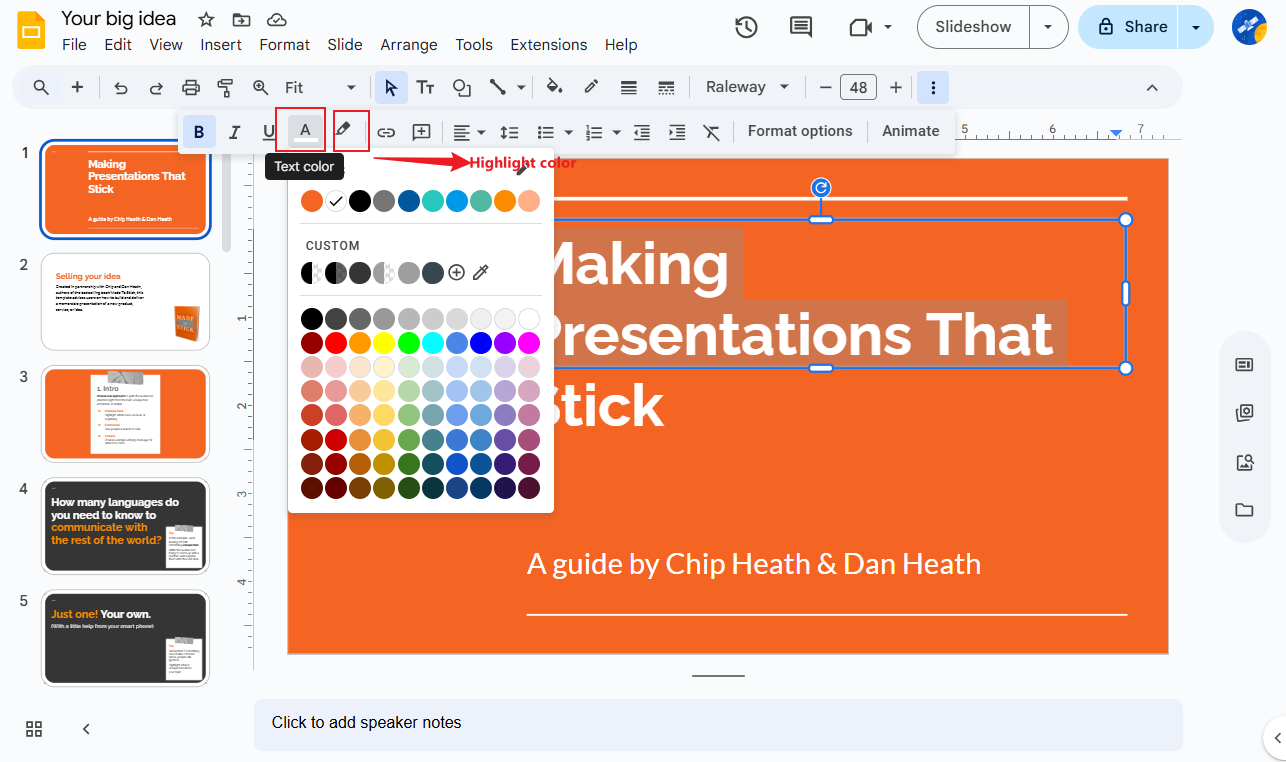 Select the text and click the Text color option in Google Slides