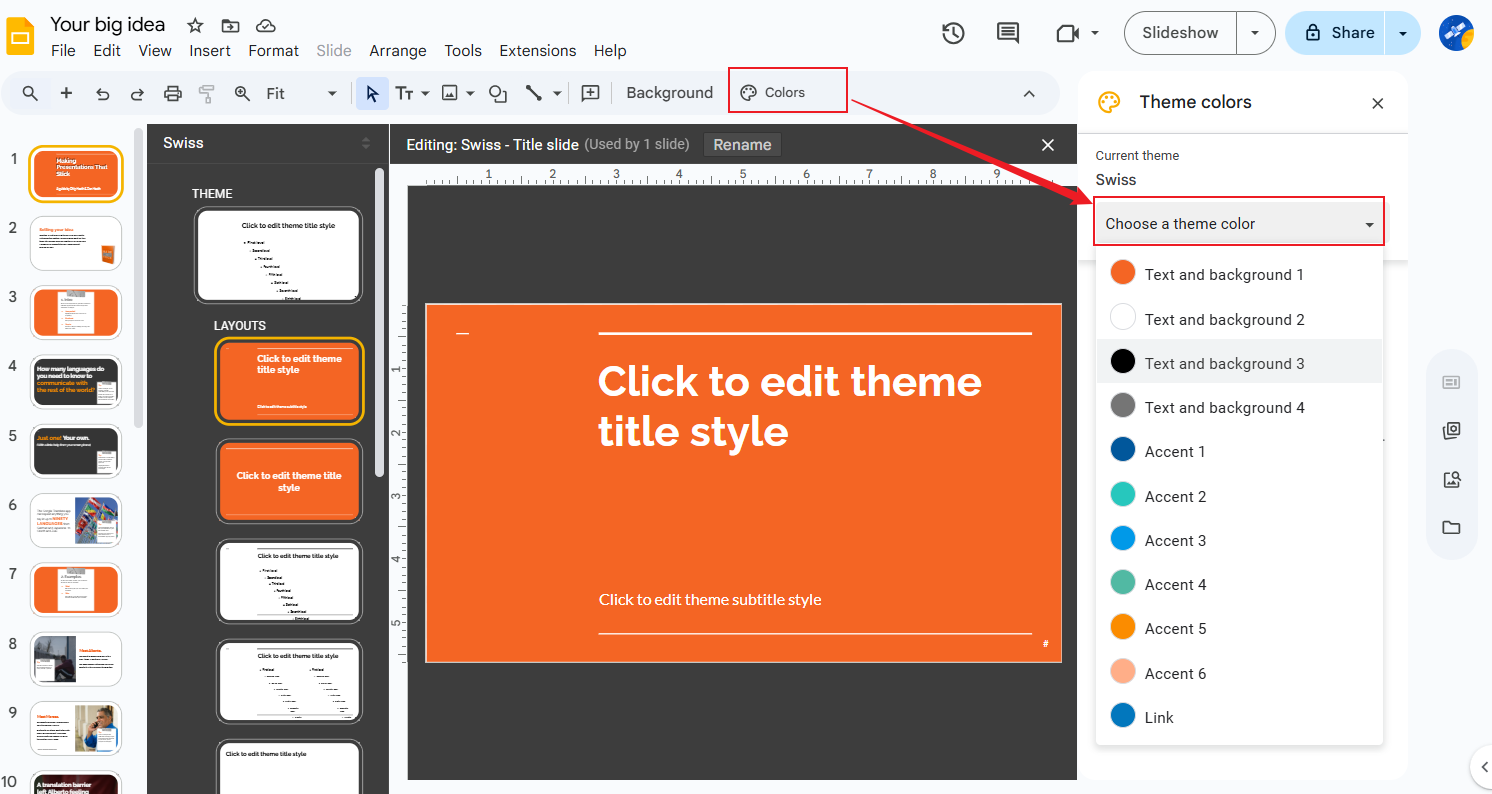 Click the Colors option to choose a preferred theme color in Google Slides