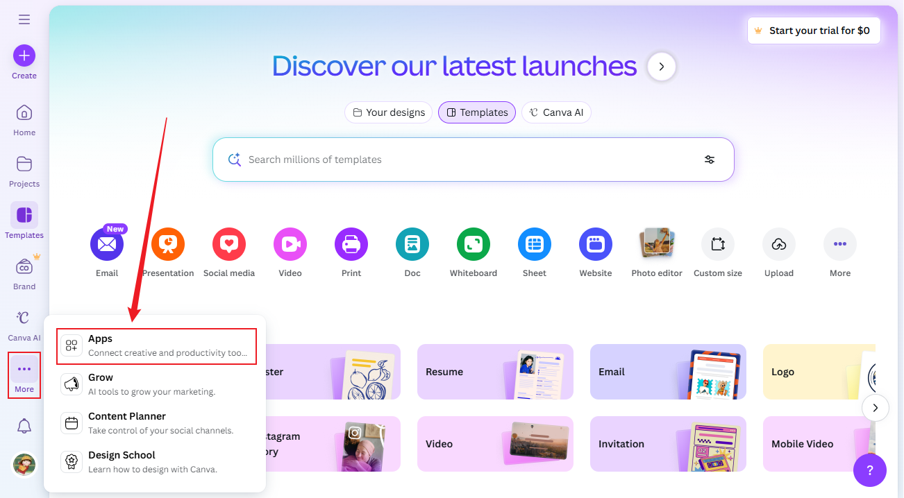 Click More and select the Apps option to find the TypeGradient option in Canva
