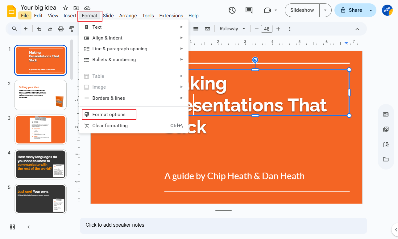 Click the Format tab and select Format option in Google Slides