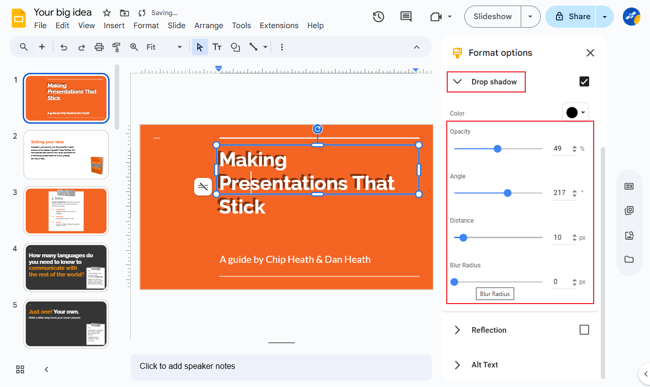 Adjust the presets under the Drop shadow dropdown in Google Slides