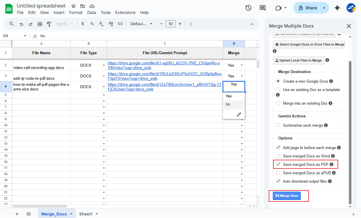 Tick the Save merged Docs as PDF option and click the Merge Docs button in Merge Docs Pro