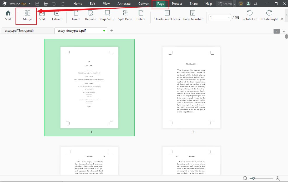 Go to the Page tab and click the Merge option in SwifDoo PDF