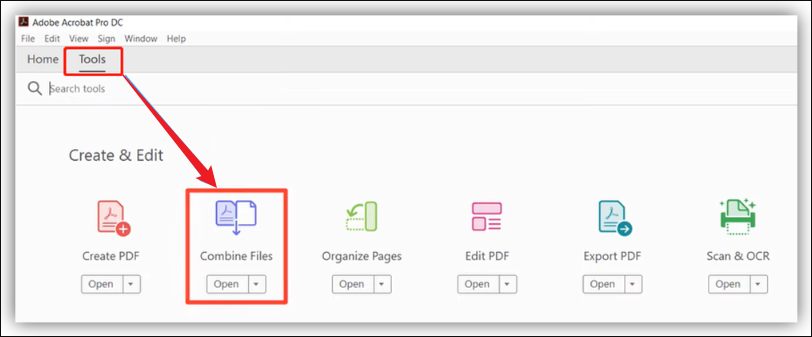 Click Tools and select the Combine Files option in Adobe Acrobat