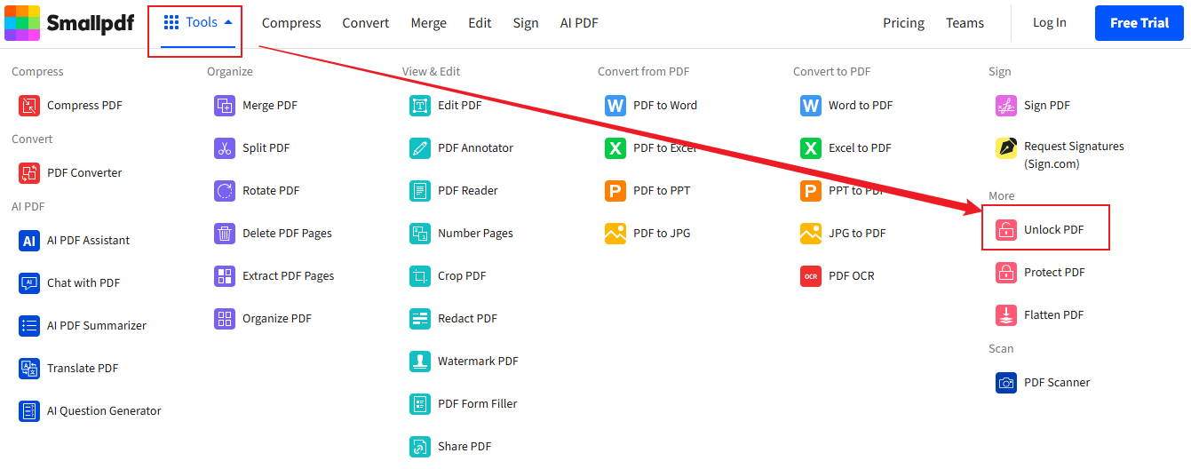 Select the Unlock PDF option from the Tools list in Smallpdf