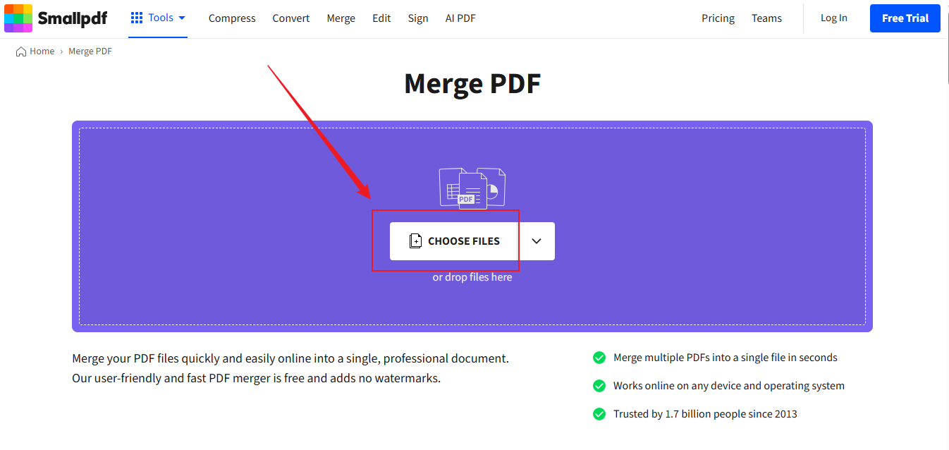 Click CHOOSE FILES to import PDFs for merging in Smallpdf