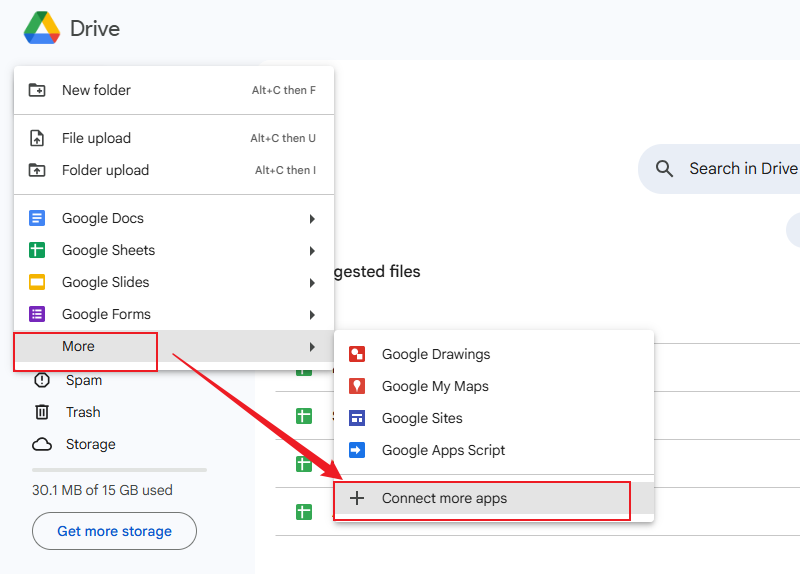 Click the + New button and move to More to choose the Connect more apps option in Google Drive