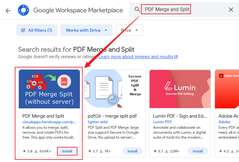 Search PDF Merge and Split in the Google Workspace Marketplace window