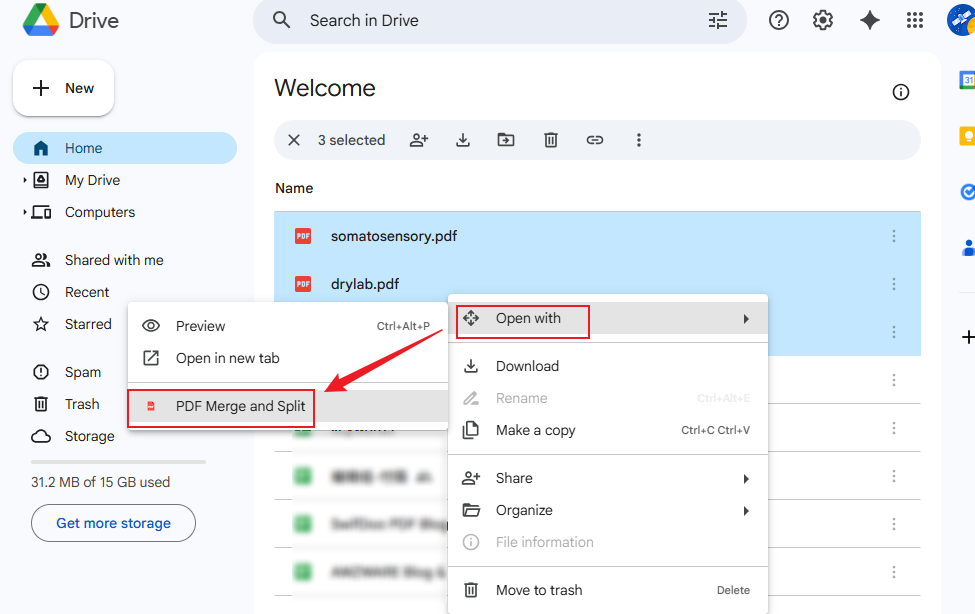 Right-click on the selected PDF and move to Open with to choose the PDF Merge and Split option in Google Drive