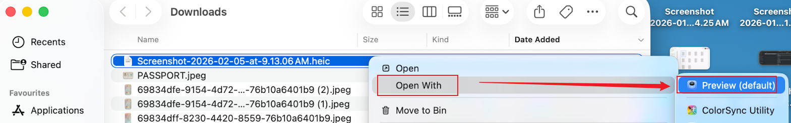 Right-click the HEIC image and choose the Open With Preview option