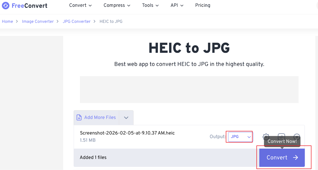 Set JPG as the output format and click Convert in FreeConvert