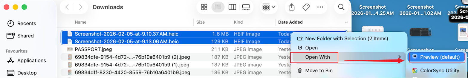 Right-click on selected HEIC images and choose the Open With Preview option
