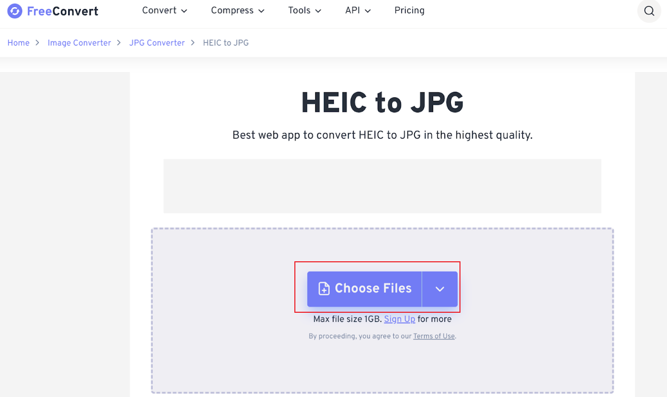 Click Choose Files to import your HEIC file into FreeConvert