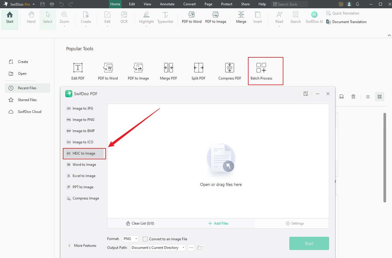 Click Batch Process to select Image Converter and click HEIC to Image in SwifDoo PDF