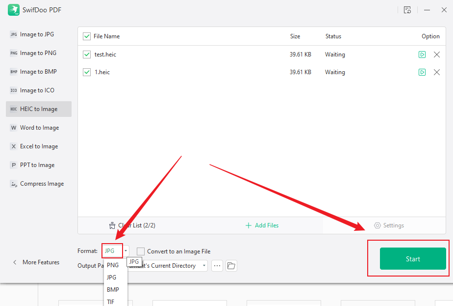 Select JPG from the Format list and click Start in SwifDoo PDF
