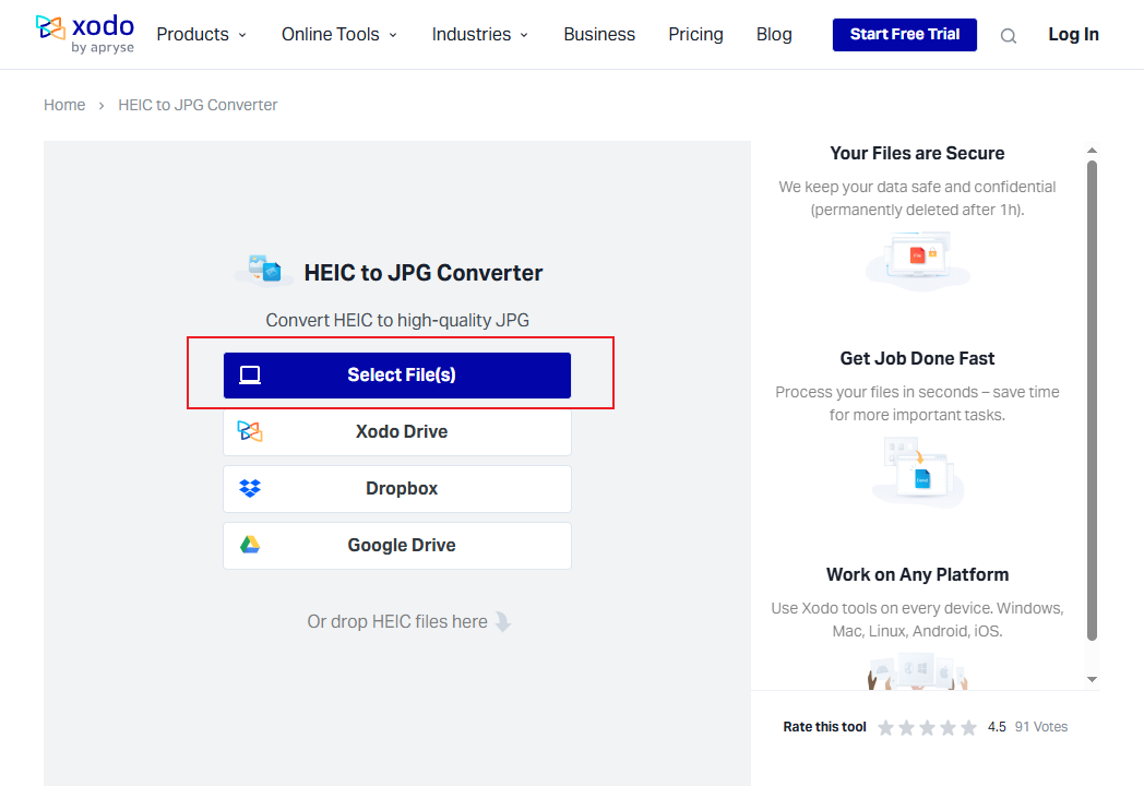 Click Select File(s) to upload your HEIC image into Xodo