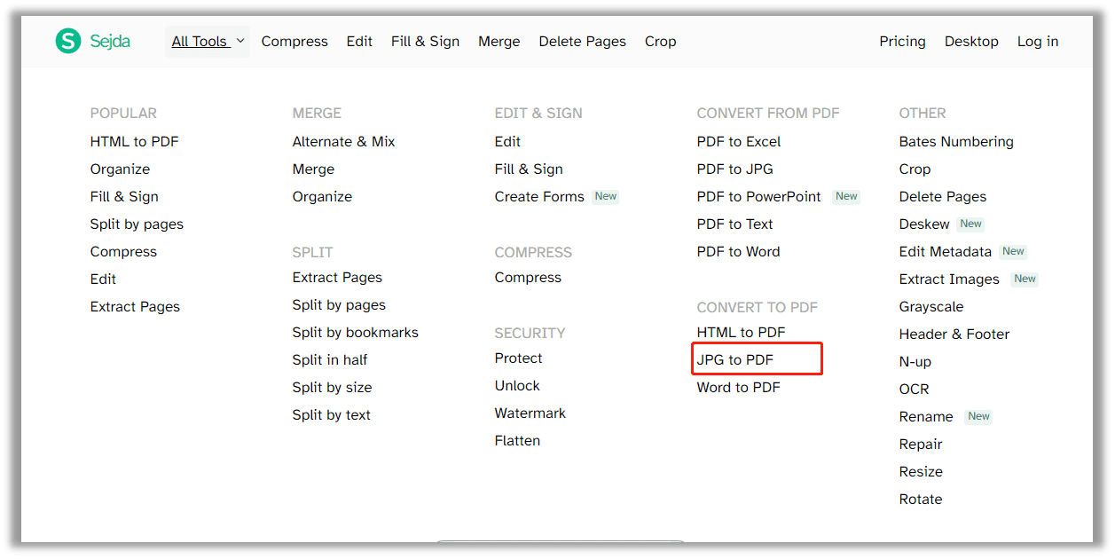 How to convert JPG to PDF in Sejda PDF online