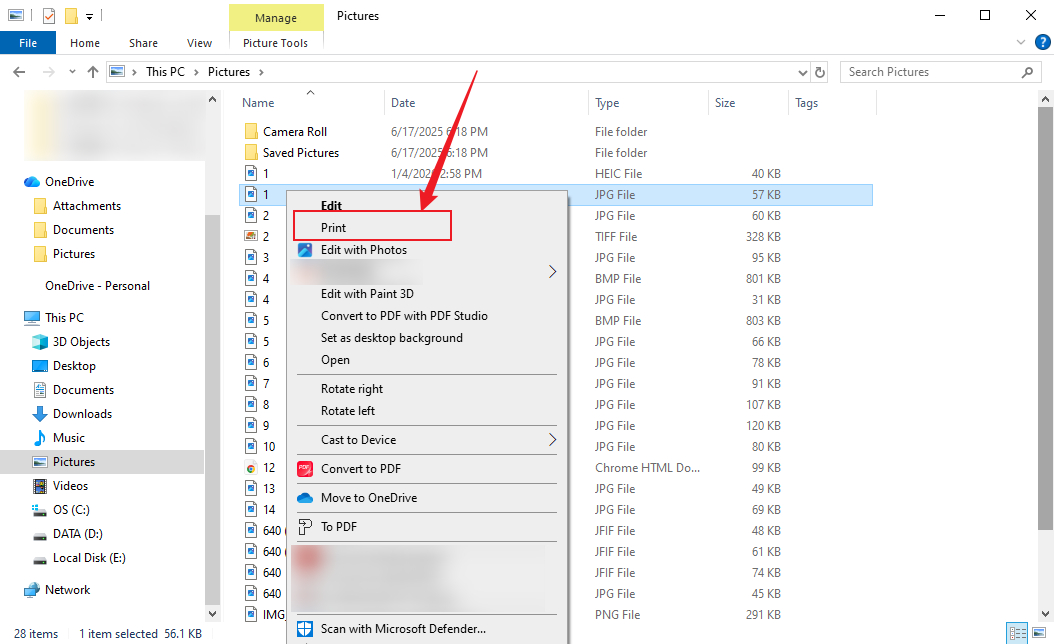 Right-click on the JPG image and click the Print option in the File Explorer on Windows
