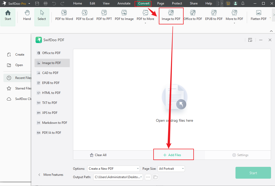 Click Convert and select the Image to PDF option to import your JPG images for conversion in SwifDoo PDF