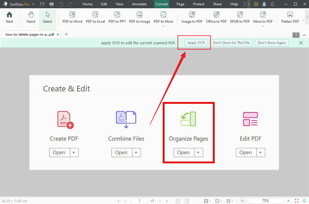 Click the Apply OCR button in SwifDoo PDF
