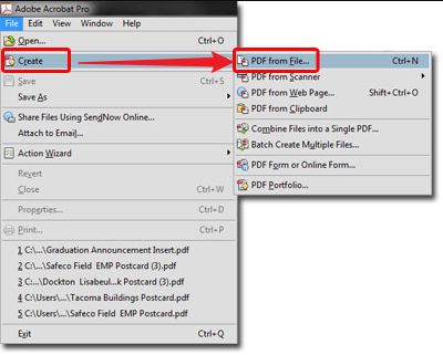 Click File and more to Create to select the PDF from File option in Adobe Acrobat Pro