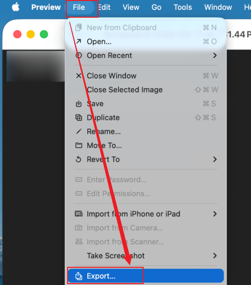 Click File and select the Export option in Preview