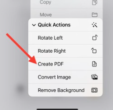 Go to Quick Action and click Create PDF to convert JPG to PDF on iPhone