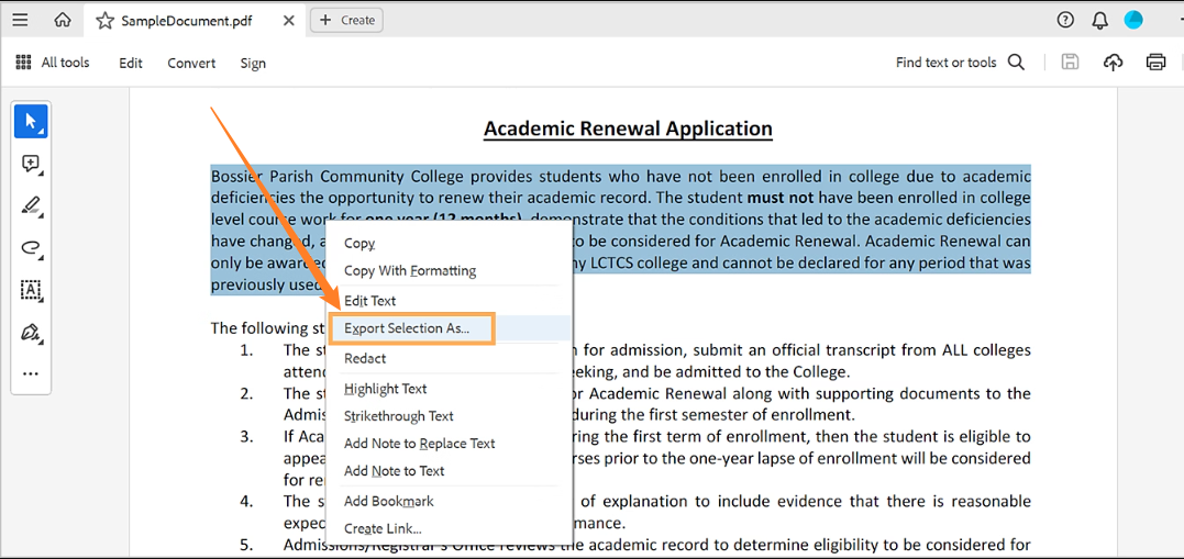 Right-click on selected table and click the Export Selection As option in Adobe Acrobat Pro