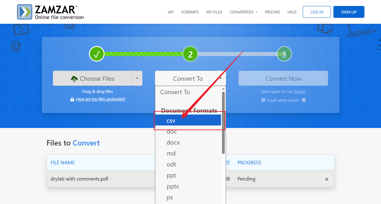 Open the Convert To dropdown and select the CSV option in Zamzar