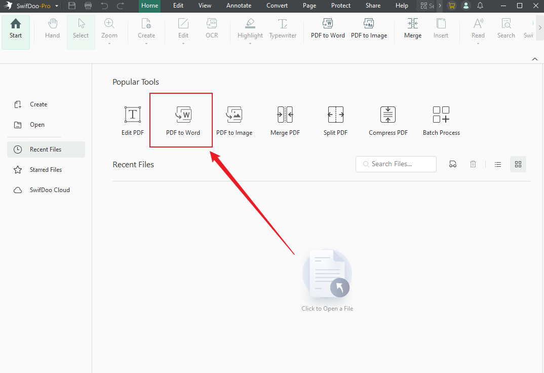Click the PDF to Word option in SwifDoo PDF