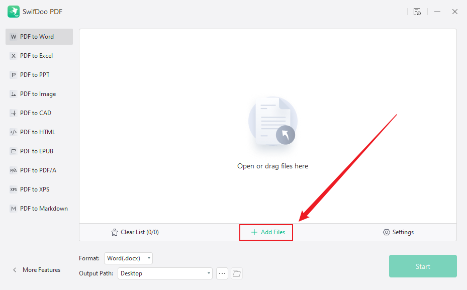 Click + Add Files to import the target PDF file into SwifDoo PDF for PDF to DOCX conversion