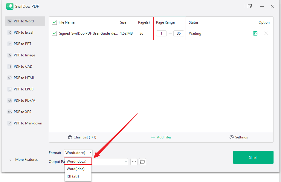 Choose the Word(.docx) option from the Format list in SwifDoo PDF
