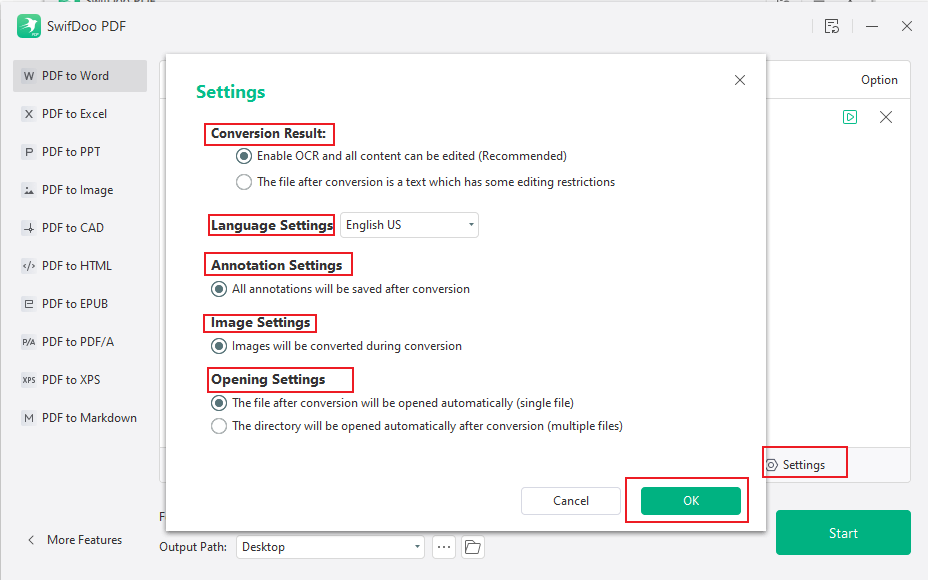 Customize other settings for the PDF to DOCX conversion in SwifDoo PDF