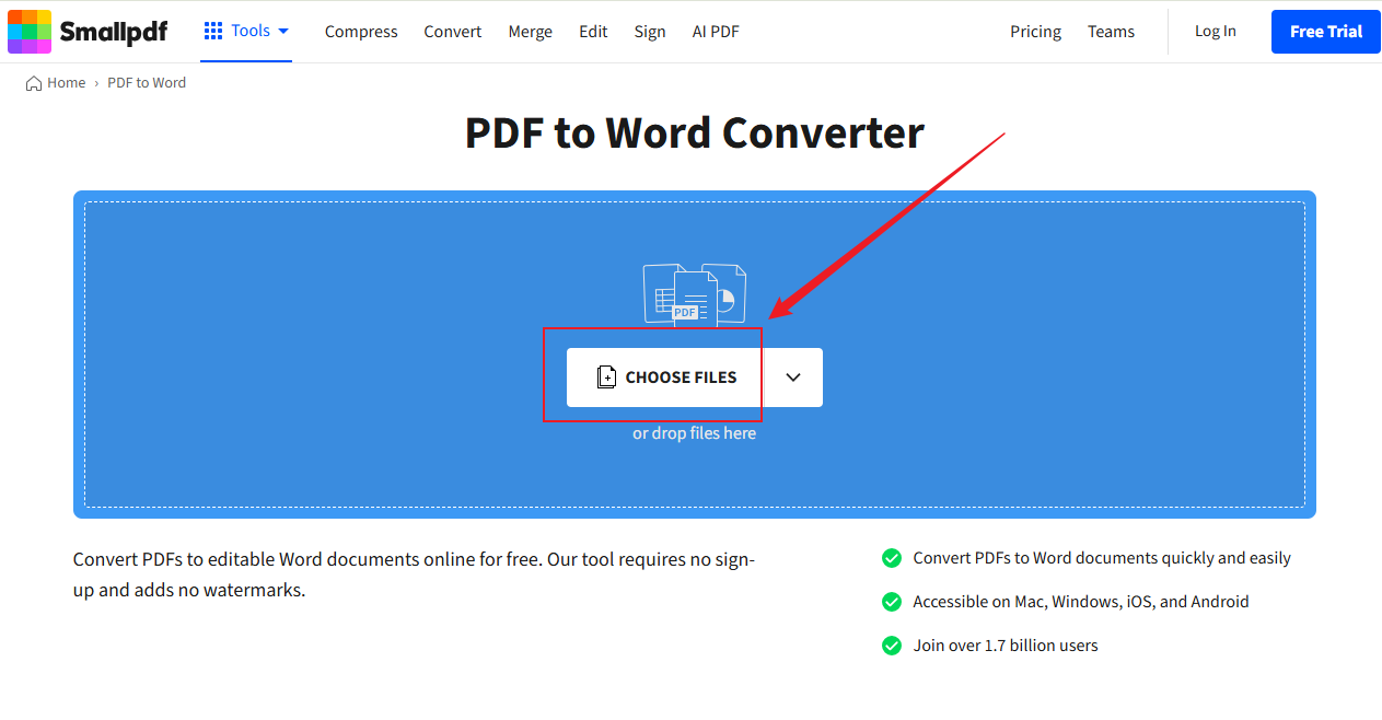 Click CHOOSE FILES to upload a PDF file into Smallpdf