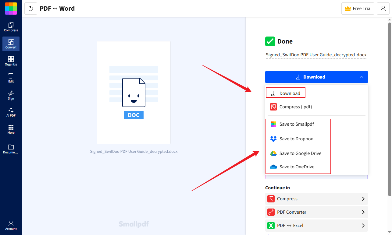 Choose to save the DOCX file locally or to Smallpdf, Google Drive, OneDrive, or Dropbox