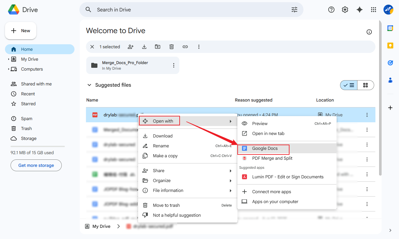 Select to open the upload PDF file with Google Docs